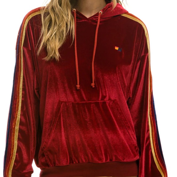 AVIATOR NATION VELVET RELAXED PULLOVER HOODIE - RED - Picture 6 of 6
